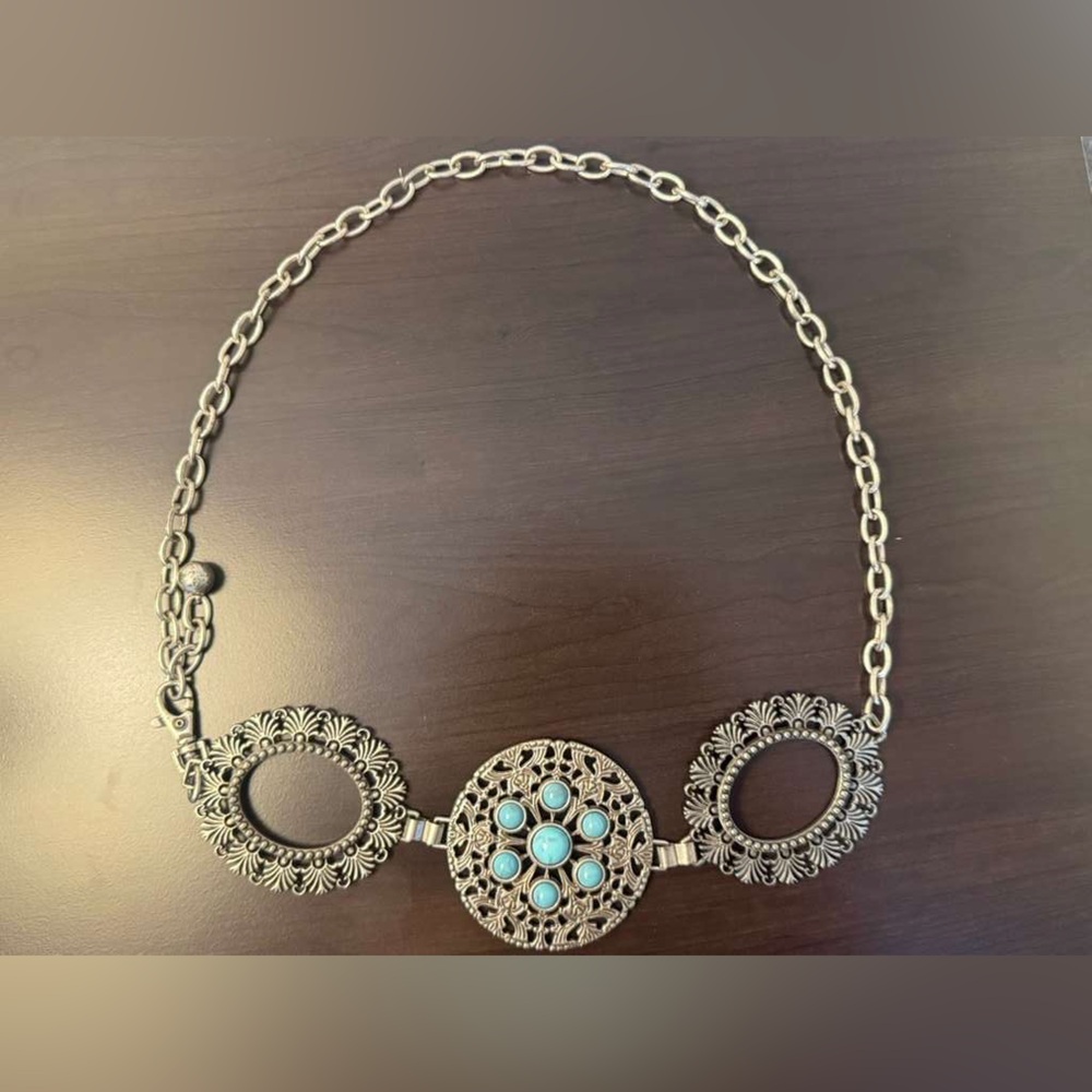 CHICOs Medallion Chain Silver Tone Turquoise Adjustable Western Boho Concho Belt